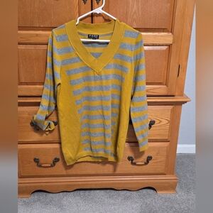 Stylish V-Neck Sweater in Mustard and Gray Stripes